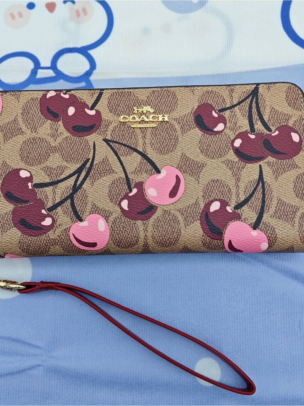 Coach Brown Signature Cherry Zip Wallet Wristlet with Pink Accents